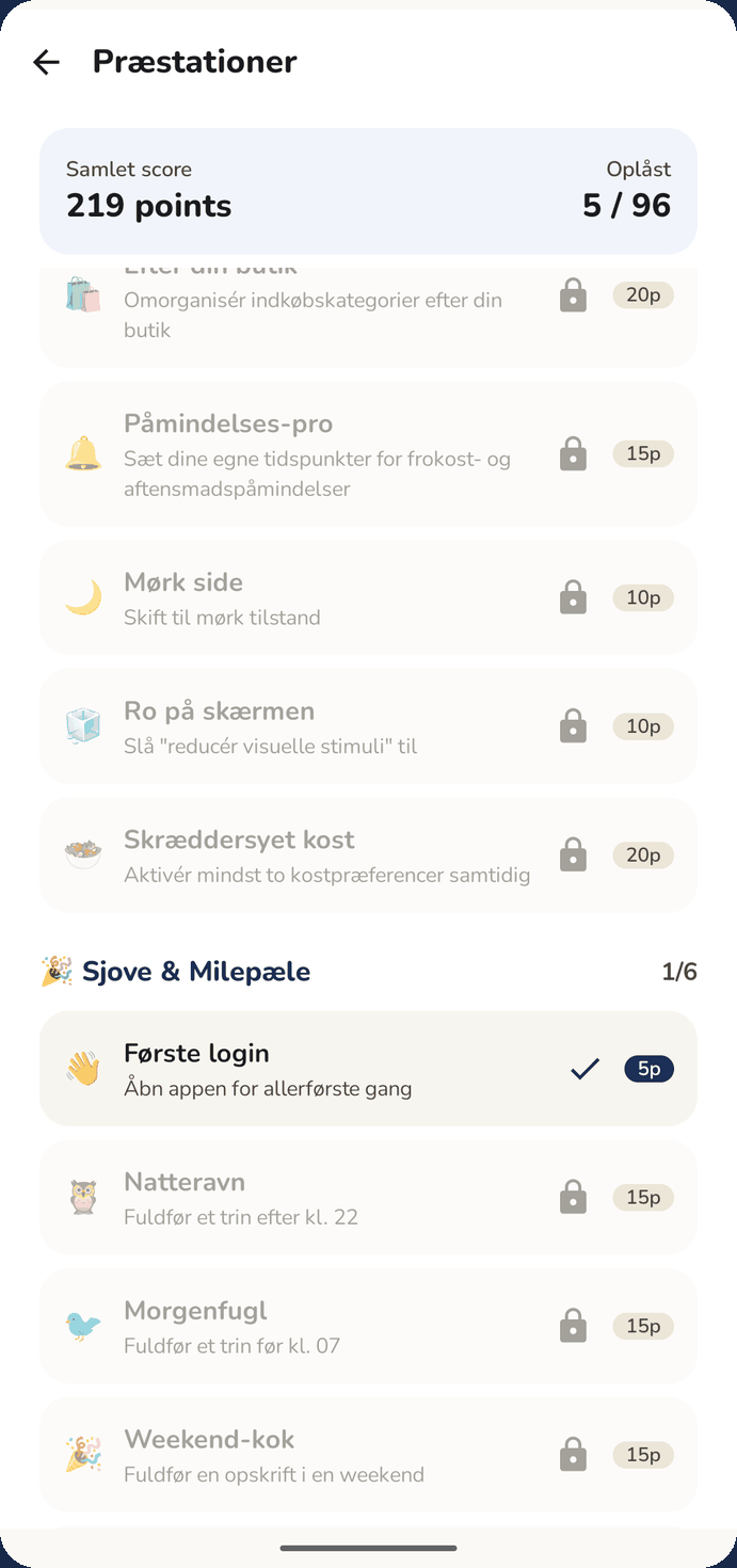 Præstationsskærmen med låste og oplåste præstationer.