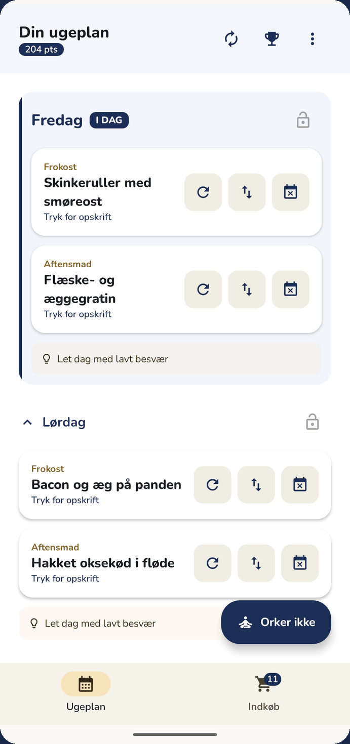 Madmakkers ugeplan med fredagens frokost og aftensmad og en knap, der hedder »Orker ikke«.